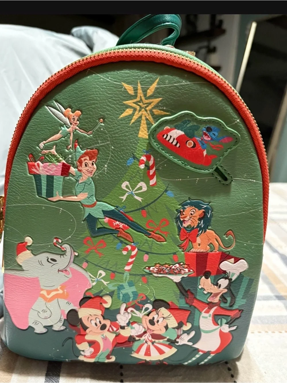 Disney Green Holiday Character Mini Backpack with Red Trim